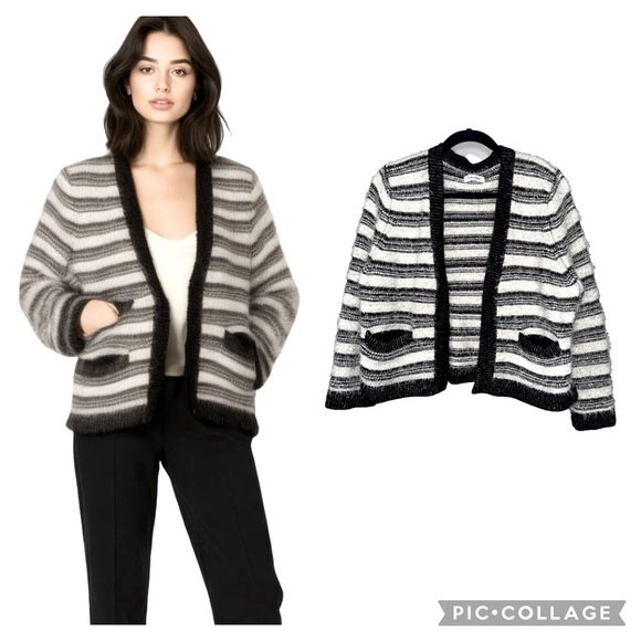 Calvin Klein Black and White Striped Cardigan Eyelash Sweater Size XL - Picture 1 of 7
